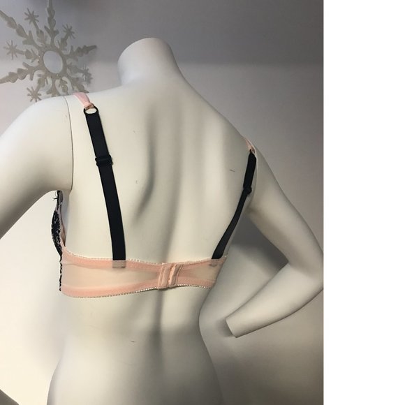 Victoria's Secret boned bra corral salmon peach black flocked style Limired - Picture 4 of 6